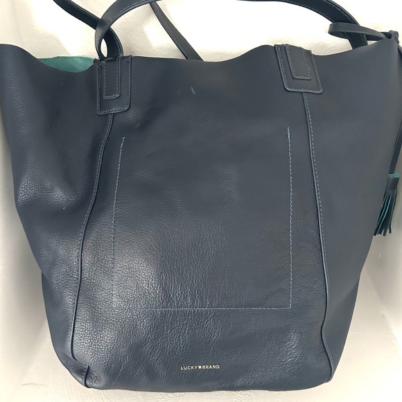Lucky Brand Navy Blue Pebbled Leather Tote Bag with Teal Interior and Pouch - Picture 13 of 13